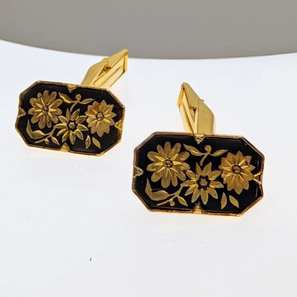 Vintage Damascene Cufflinks Black Gold Tone Floral Botanical